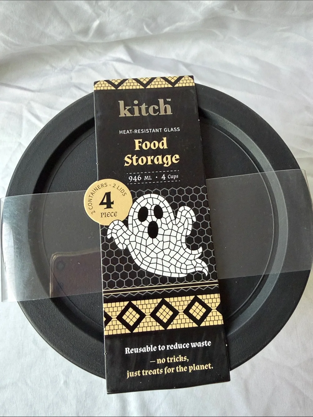 Heat-Resistant Glass Food Storage Set with Black Lids - Halloween Mosaic Design